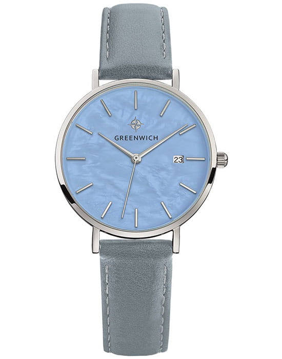 Greenwich Greenwich Shell GW 301.14.59  GW 301.14.59 кварцевые женские часы голубой циферблат, браслет кожаный — вид спереди